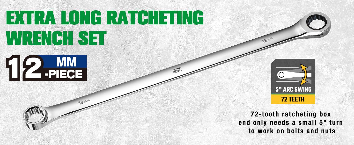 #backtoschool SK Extra Long Ratcheting Wrench Set, Double Box End Wrench Set, 12-Pack, Metric, 8 mm to 19 mm, 72-Tooth, Premium CR-V Construction, with Rolling Pouch #backtoschool SK Extra Long Ratcheting Wrench Set, Double Box End Wrench Set, 12-Pack, Metric, 8 mm to 19 mm, 72-Tooth, Premium CR-V Construction, with Rolling Pouch