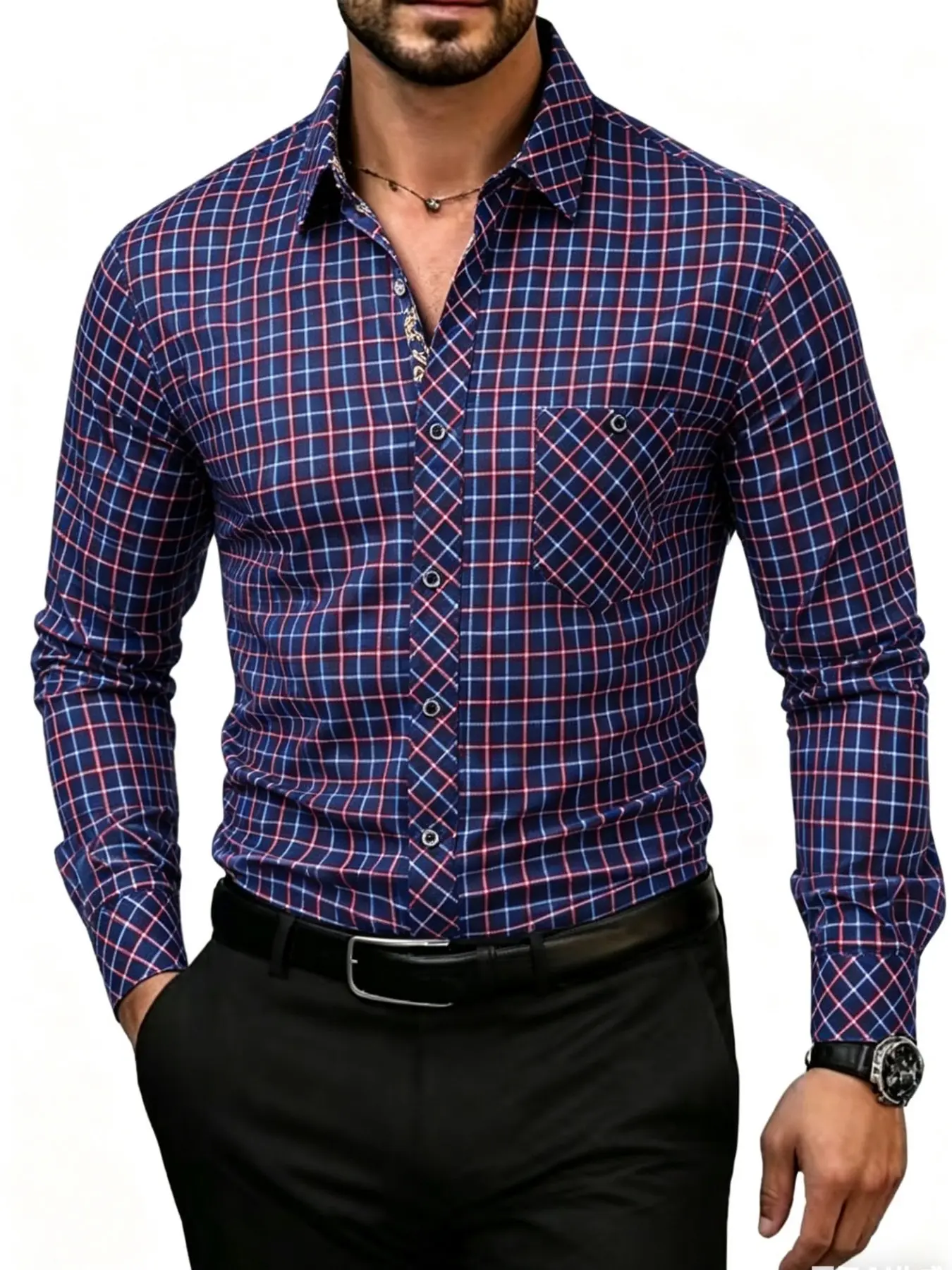 Men's Casual Plaid Checked Button-Front Fitted Collared Shirt, Button Down Shirt, Button Up Shirts, Casual Checkered Shirt, Long Sleeve, H-Type Silhouette, Spring & Fall, Ideal for Work and Daily Wear, Perfect Gift