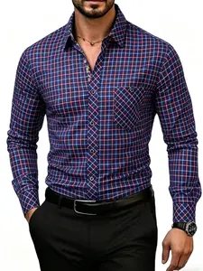 Men's Casual Plaid Checked Button-Front Fitted Collared Shirt, Long Sleeve, H-Type Silhouette, Spring & Fall, Ideal for Work and Daily Wear, Perfect Gift