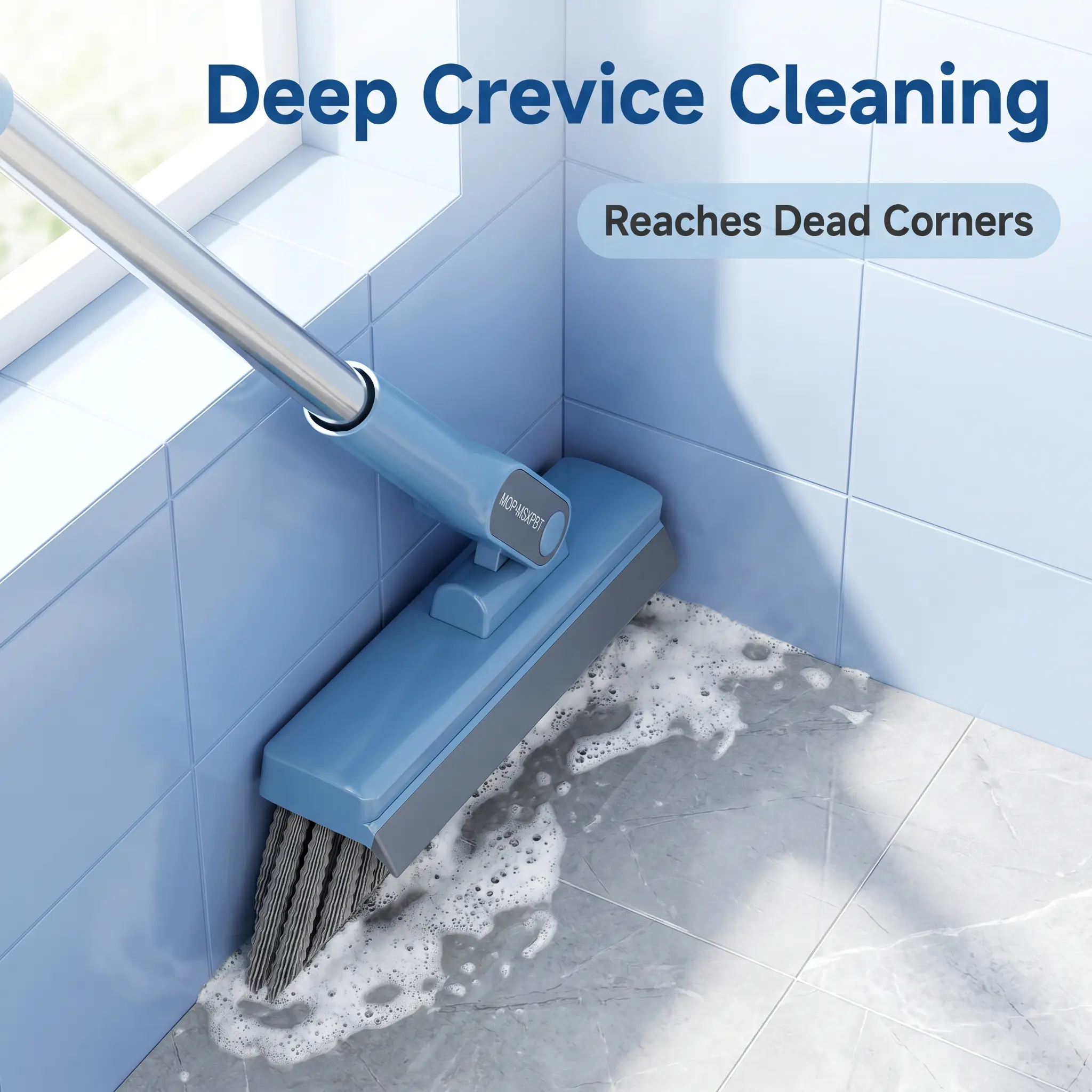 Long Handle Floor Scrub Brush with Squeegee, Stiff Bristle Bathroom Tile and Grout Cleaning Brush for Shower, Toilet, Corners and Wet Floors