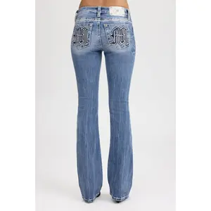 MissMe Gone Mayhem Bootcut Jeans - Fitted Y2K Gothic Style Mid Waist Below Ankle Denim with Embroidered Logo & Rhinestone Accents