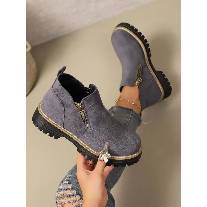 Women's Active Hiking Boots, Mid-Calf PU Style with a Chunky Platform Sole and Side Zipper for Outdoor Walking, Rubber, Hiking Fit