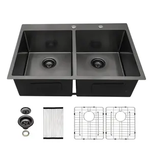 Sarlai 33 x 22 Inch Gunmetal Black Drop In Kitchen Sink 50/50 Double Bowl Topmount Kitchen Sink 16 Gauge Stainless Steel Kitchen Sink