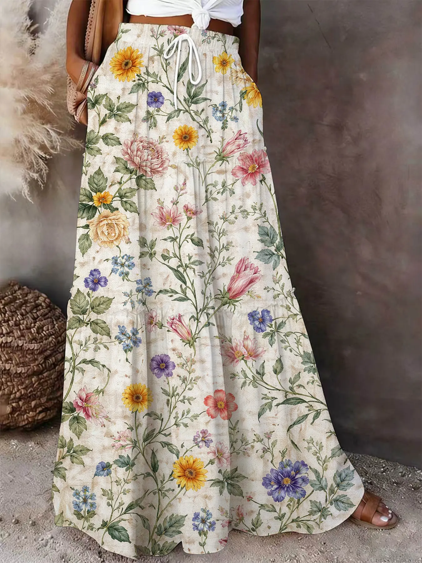 Green Leaf Floral Print Maxi Skirt | Boho Bohemian Botanical Tiered Skirt with Pockets Casual Skirt Boho Skirts