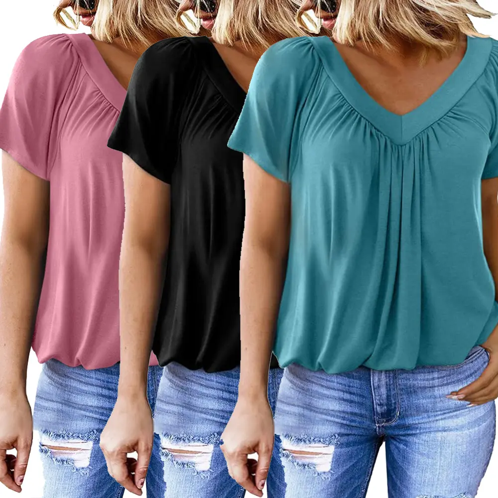 3 Pack Women's Flowy V Neck Short Sleeve Top Pleated Blouse