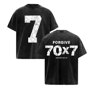 Men's Oversized Unisex Christian Heavyweight Cotton T-Shirt - Valentine Short-Sleeve, Round Neck, Vintage Washed, 70x7 Forgiveness Matthew 18:21-22 Double-Printed Jesus Top, Faith-Based Gym Pump Cover, Shortsleeve