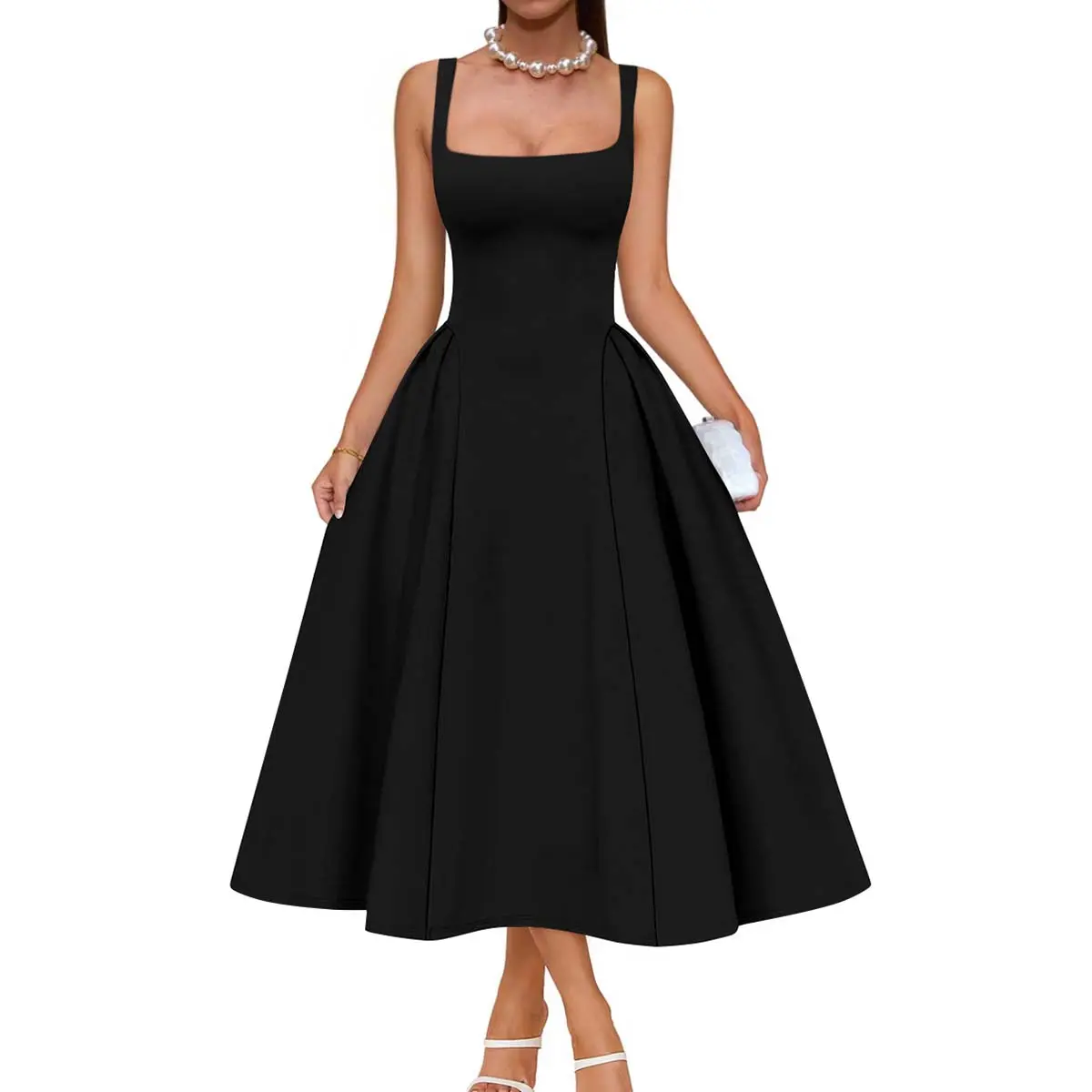 OYS Women's Elegant Square Neck Swing A Line Wedding Evening Party Midi Dress