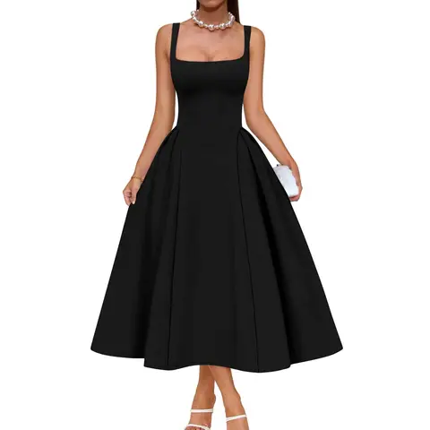 OYS Women's Elegant Square Neck Swing A Line Wedding Evening Party Midi Dress