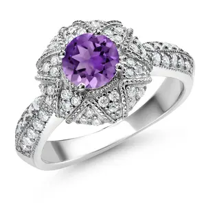 Gem Stone King 925 Sterling Silver Round 6MM Gemstone Birthstone and Moissanite Engagement Ring | Wedding Promise Anniversary Ring For Women | Available In Size 5, 6, 7, 8, 9