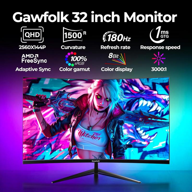 32 inch Curved Monitor 144hz/180hz Gaming Monitor 1500R QHD (2560x1440p) Computer Monitor Screen with FreeSync, DisplayPort, HDMI, Wall Mountable