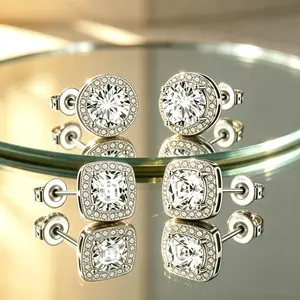 925 Sterling Silver Stud Earrings Set, 2 Styles Round & Square Halo CZ Studs, Hypoallergenic Couple Earrings for Men Women, Sparkling Daily Jewelry Gift