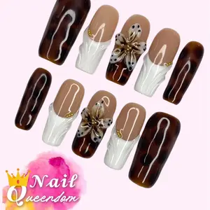 Nail Queendom [NEUTRAL BLOOM] Handcrafted 3D Press-On Nails Reusable Long Lasting Salon Quality Easy Application 10 Pieces Set Eco-Friendly 3D-gel Finish