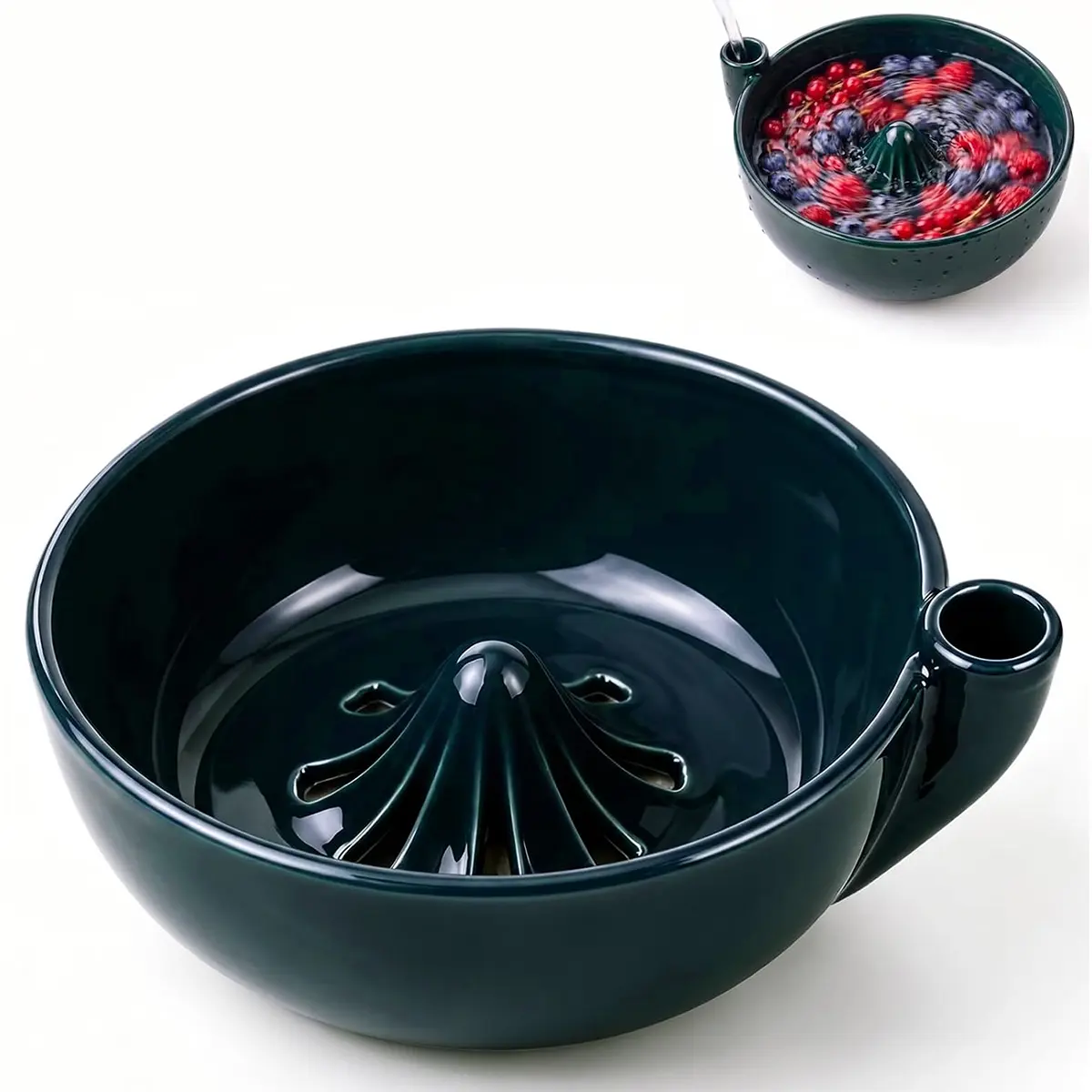 Ceramic Berry Washing Colander Bowl - Self-Spinning Vortex Fruit Cleaner with Drainage Holes - Dark Green Ceramic Berry Colander Strainer & Serving Bowl for Strawberries Blueberries Cherries