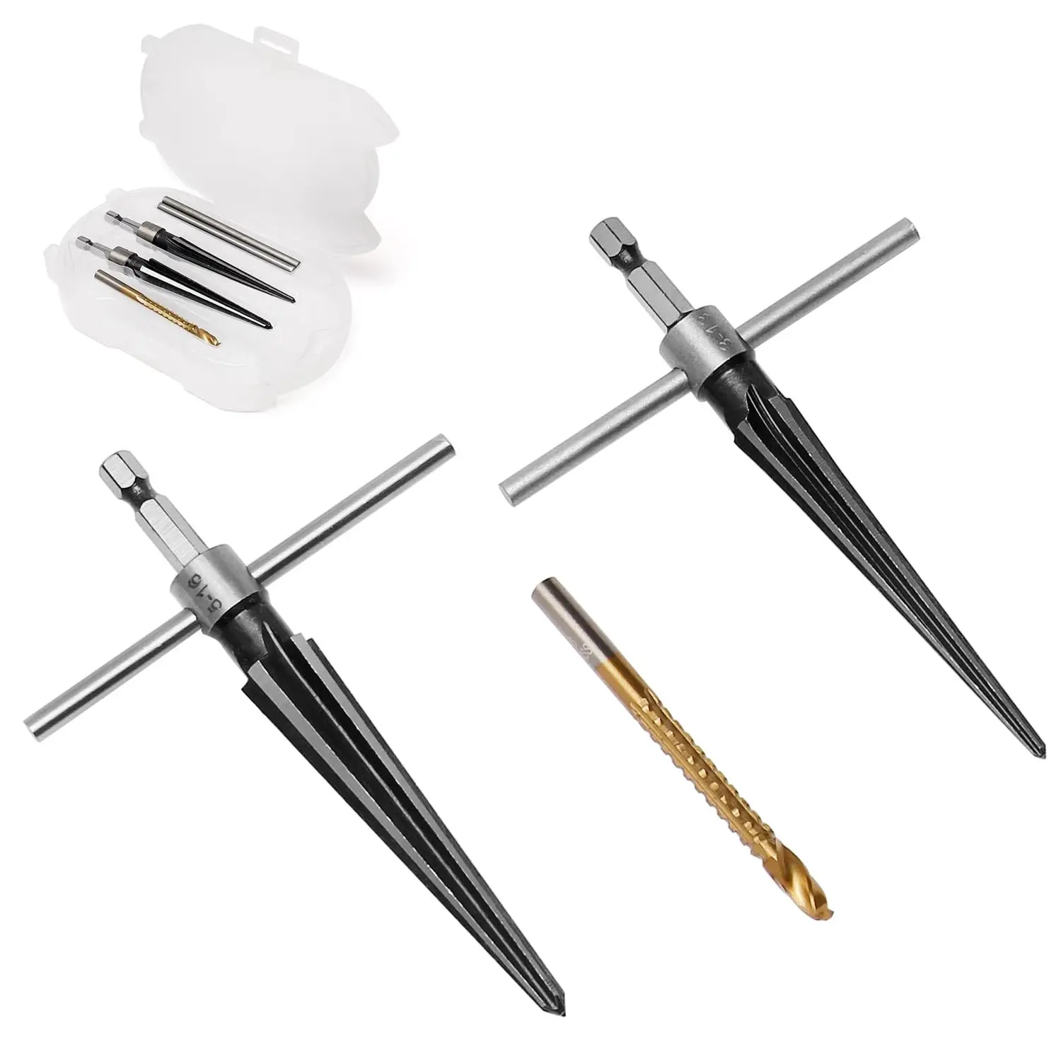 Tapered Hand Reamer Set, 3-13mm & 5-16mm 6 Flute Chamfer Reaming Tool | Bridge Pin Hole Reamers, 1/8''-1/2'' & 1/2''-5/8'', Luthier Guitar & Woodworking Tool