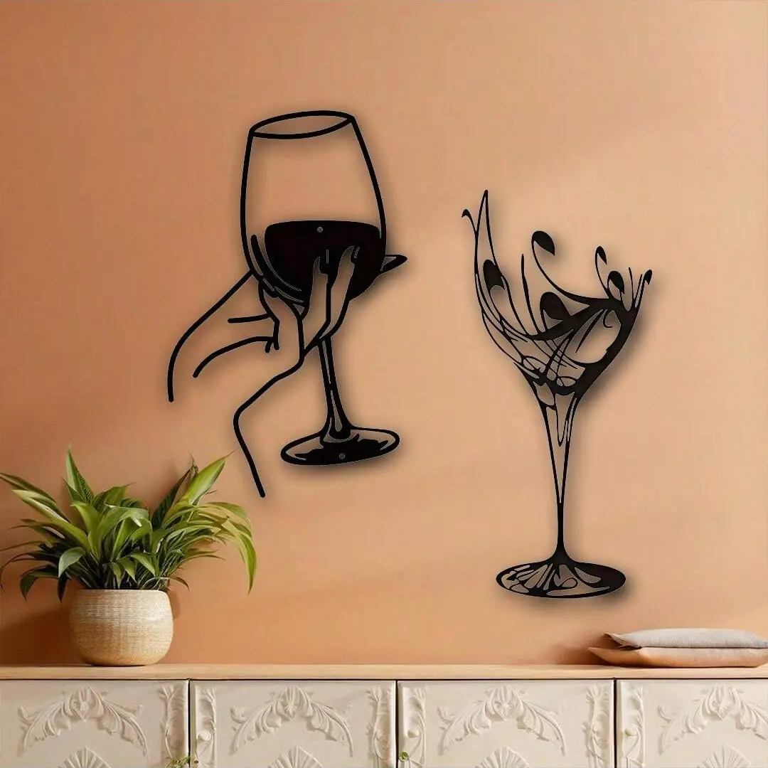 Wine Glass Metal Wall Art, 2 Counts/set Modern Wall Decor, Wall Hanging Decor for Home Living Room Bedroom Outdoor Garden, Poster