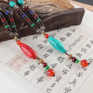 Handmade Nepal Wood Bead Mala Pendant Necklace Ethnic Long Jewelry