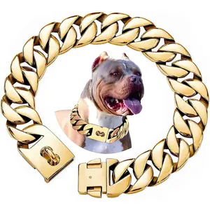 Big Dog Chain Collars, Txprodogchains 32MM Thick Cuban Link Dog Collar Strong Metal Dog Cuban Link Collar with Buckle, Solid Stainless Steel Gold Dog Collars for Large Dogs txprodogchains
