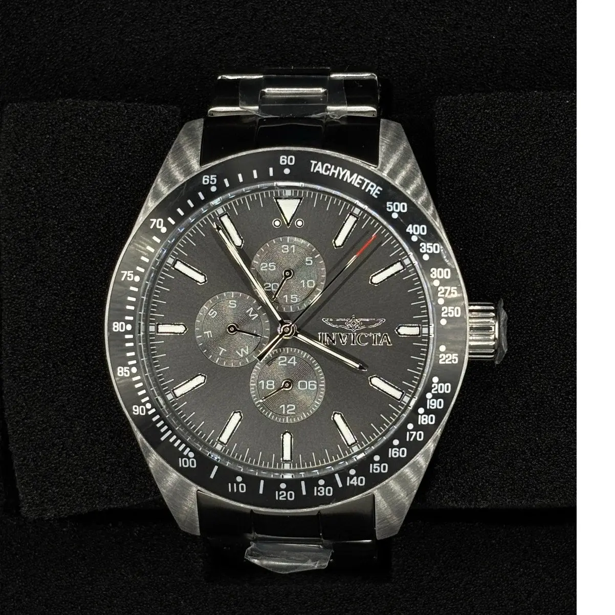 Invicta Aviator 47592 Men’s 45mm Quartz Charcoal Dial SS Bracelet 100M NIBWT