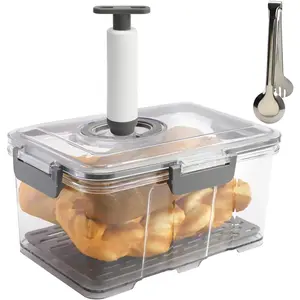 Bread Box for Countertop Airtight, Time Recording Bread Container with Lid, Bread with Vacuum Pump and Clip, Bread for Homemade Bread Toast Bagel Donut and Cookies, Grey