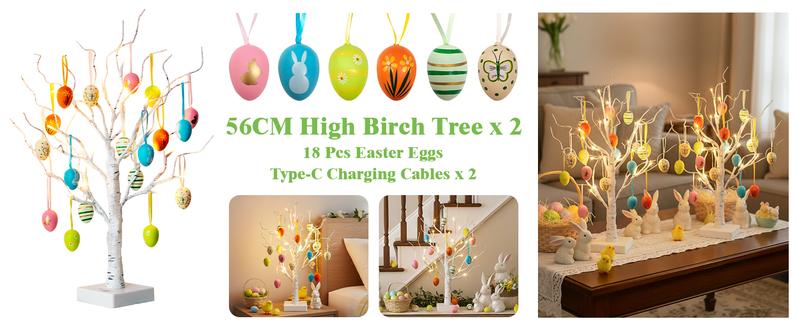 EAMBRITE Easter Decorations Lighted White Birch Tree with 18x2 Eggs Ornaments, 24 LED Lights, Battery Powered Timer, Tabletop Centerpiece for Spring Home Decor, 2 Pack