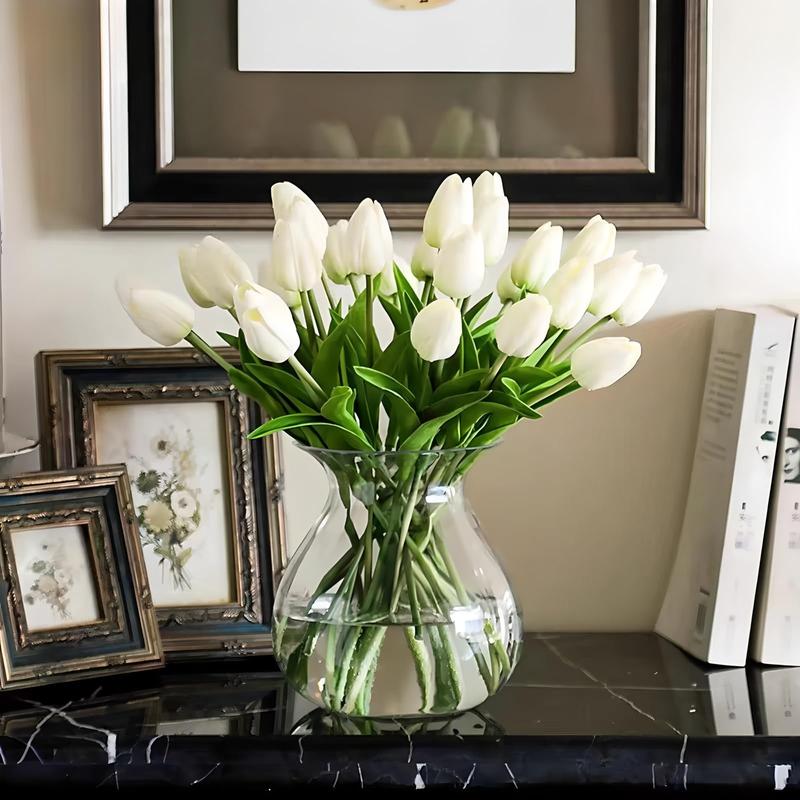 White Real Touch PU Artificial Tulips for Easter Valentine's Day Wedding BabyShower Table Centerpieces Mantel Shelf Bedroom Living Room Kitchen Home Decor RealisticSpring Flowers Fake Florals for Party Gift Office Patio Decoration