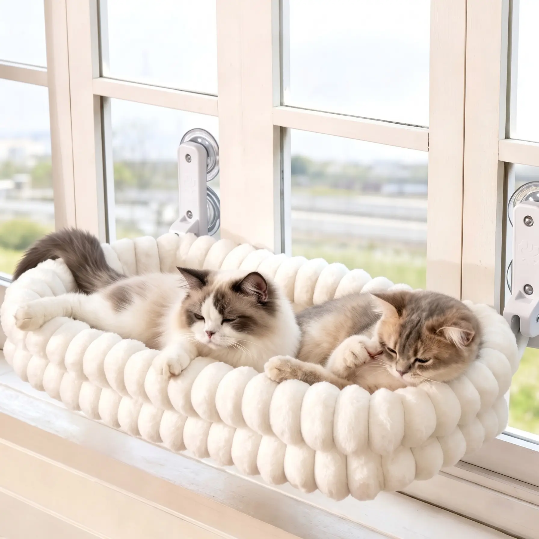 Cat Plush Window Hammock Perch - Suction Cup Mounted Secure Bed with Reinforced Brackets, No-Drill Space Saver, Foldable for Storage, Removable & Washable Wraparound Edge, 40 lbs Capacity for Kitty Sunbathing & Wellbeing