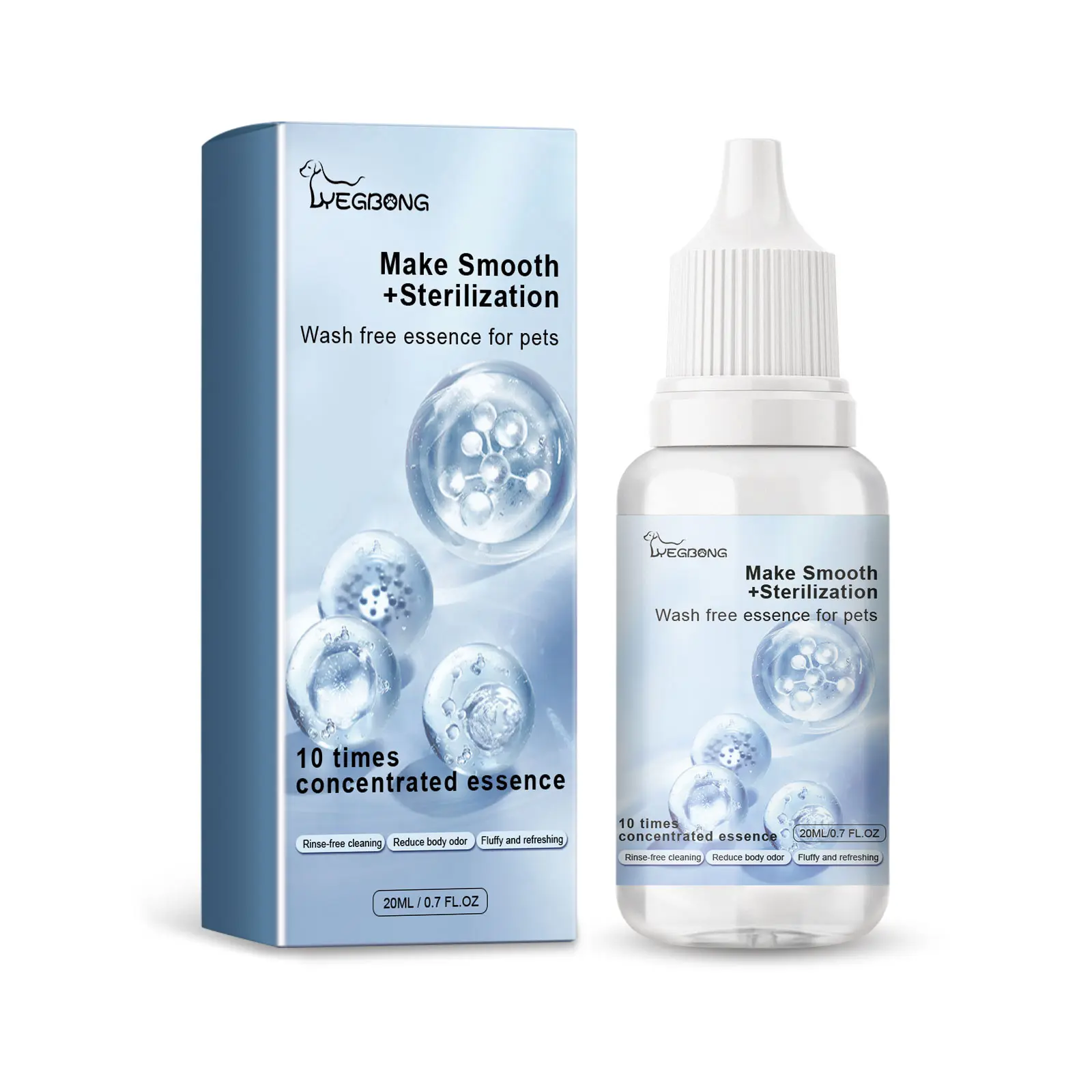 Waterless Pet Dry Shampoo Essence with Coconut Oil for Cats and Dogs - 20Ml / 0.7 Fl.oz, 1-Time Use Saves Time, Decontamination Factors-Infused, Odor Removal, Oil Regulation, Smooth Hair Care, Long-Lasting Fragrance