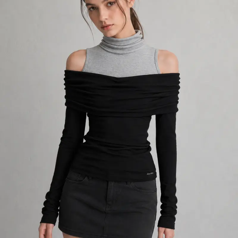 Aelfric Eden Layered Turtleneck Off Shoulder Ruched Long Sleeve Top Slim Fit Y2K Streetwear Going Out Top for Women
