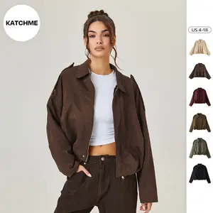 KatchMe Women's Winter Vintage Solid Color Collared Zipper Long Sleeve Jacket, Cozy Oversize Outerwear for Lady