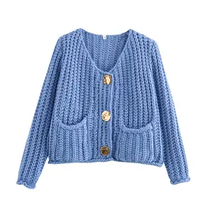 Ommig Women's Cropped Cardigan Sweater Long Sleeves Button Down Chunky Knitted Coat