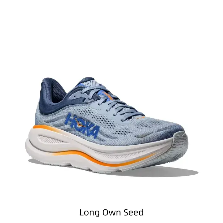 Lightweight cushioned trainer sneakers use quick-dry perforated woven mesh, gradient pale blue base with vivid orange detailing, flexible wide segmented rubber outsole, ideal for gym sessions, outdoor jogs and long city sightseeing walks