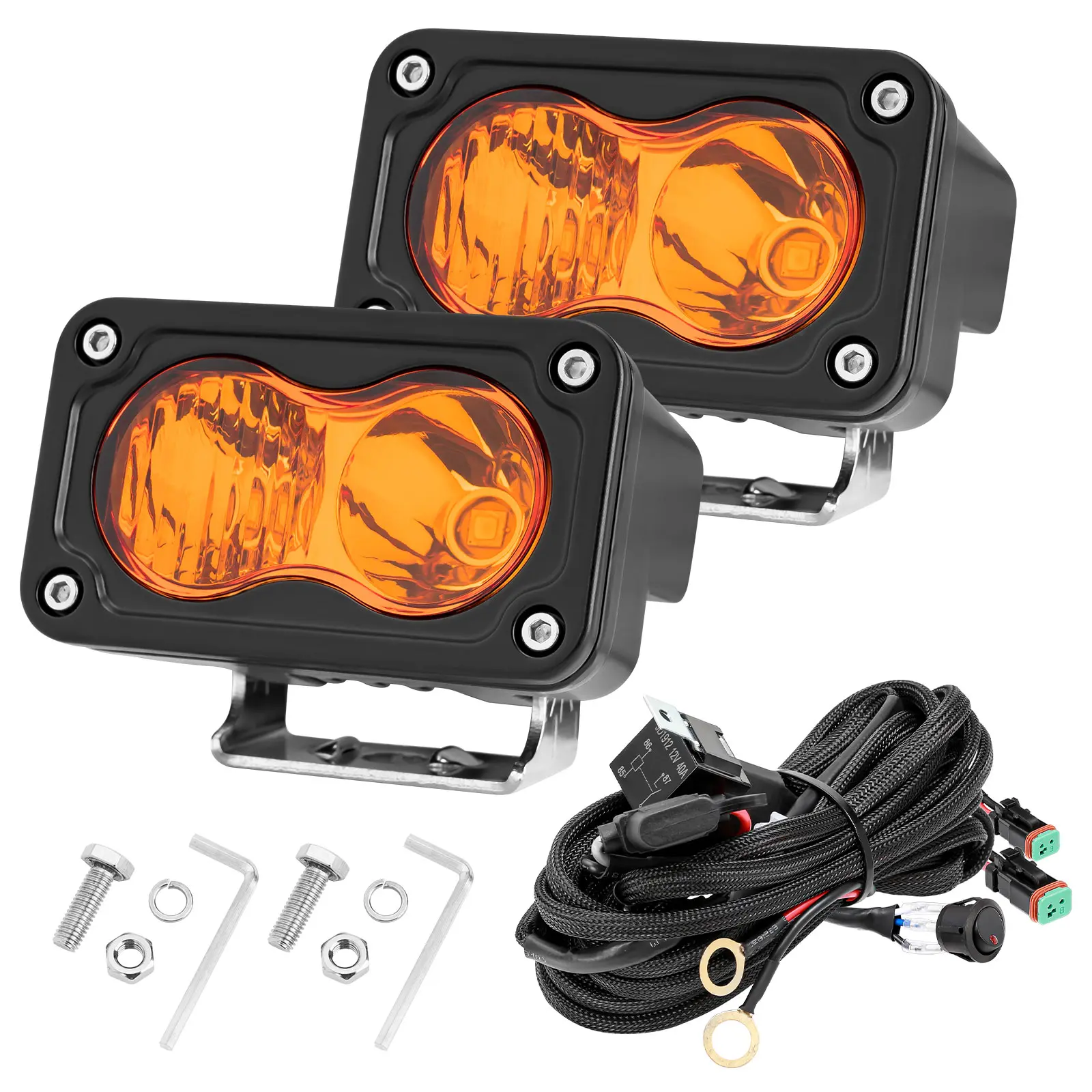 YCHOW-TECH 2PCS 3in 40W Amber LED Pod Work Lights - Combo Beam, 18AWG DT Wiring Harness Kit, Waterproof Cube Lights for Truck, Dirt Bike Under Dash Lighting, Work Light
