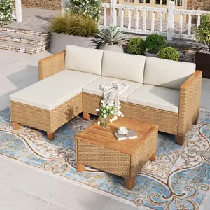 【1-3 Packages Shipping】Phivilla 3/6 Seats Outdoor Patio Rattan Furniture Sofa Set with Acacia Wood Coffee Table, Thick Cushions Sofa Set for Balcony, Porch & Patio, SummerVibes