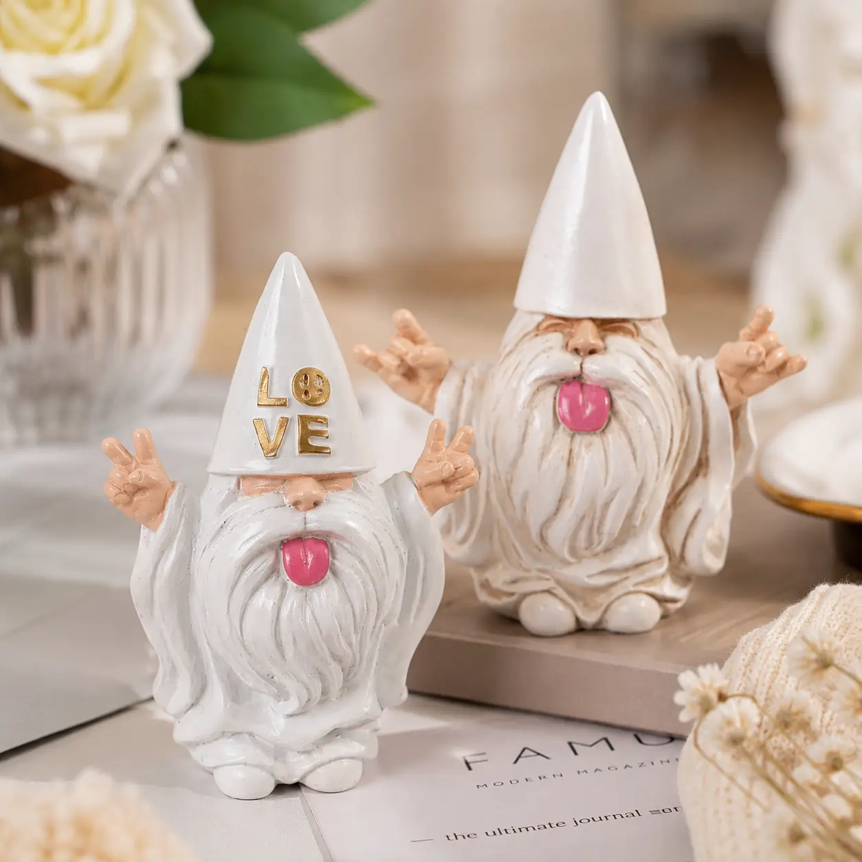 Funny Resin Gnome Figurine, White Tongue-Out Shelf Decor with Playful Hand Gesture, Quirky Desk Ornament, Birthday or Housewarming Gift