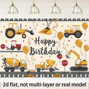 1pc Construction Vehicle Birthday Party Invitation - Durable Polyester Backdrop with Excavator, Dump Truck, and Balloons, Ideal for Classroom, Office, and Activity Decorations, Photo Booth Props, Home Decor, Classroom Decor | Construction Theme | Durable