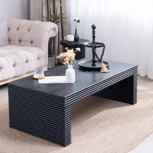 47.6" Rectangular Black Low-Profile Engineered Wood Coffee Table - Modern Sofa Table, Ribbed Texture, Sleek Finish, Indoor Living Room Furniture