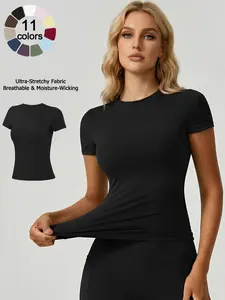 Women's Comfortable Breathable Short Sleeve Sports T-Shirt, High Stretch Seamless Slim Fit Yoga Top, Round Neck Waist Cinching Running Gym Wear, Casual Sporty Top