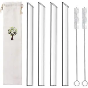 Reusable Glass Boba Straws, 14mm Extra Wide Clear Smoothie Straws for Bubble , Pack of 4 with 1 Case and 2 Brush