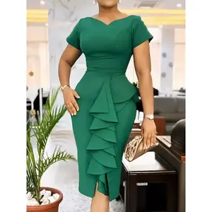 summer spring clothes Elegant Church Dresses for Women Bodycon V Neck Ruffles Short Sleeves Slim Classy Office Ladies Work Wear Modest African Gowns