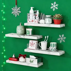 Christmas Decor Floating Shelves Wall Mounted, 4 Pack White/Brown Bathroom Shelves For Kitchen Bedroom Living Room, Over Toilet Hanging Shelf For Holiday Home Decor & Storage