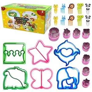 24 Piece Sandwich Cutter, Cute Cartoon Animal Shapes, with 10 Animal Forks, Biscuit & Fruit Cutter Set, Presser for Making Sandwiches, Hamburgers, Etc., Suitable for Lunch Boxes & Bento Boxes, Ideal for Parties, Picnics & School Use, Bakeware