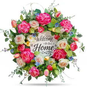 24inch All-Season Wreath for Front Door , Large Spring Summer  Hanging Wreath with Artificial Peony Tulip Rose Flowers, Floral Wreath with DIY Wooden Welcome Sign for  Porch, Entryway, and Home Wall Decor for Mother's Day Gift
