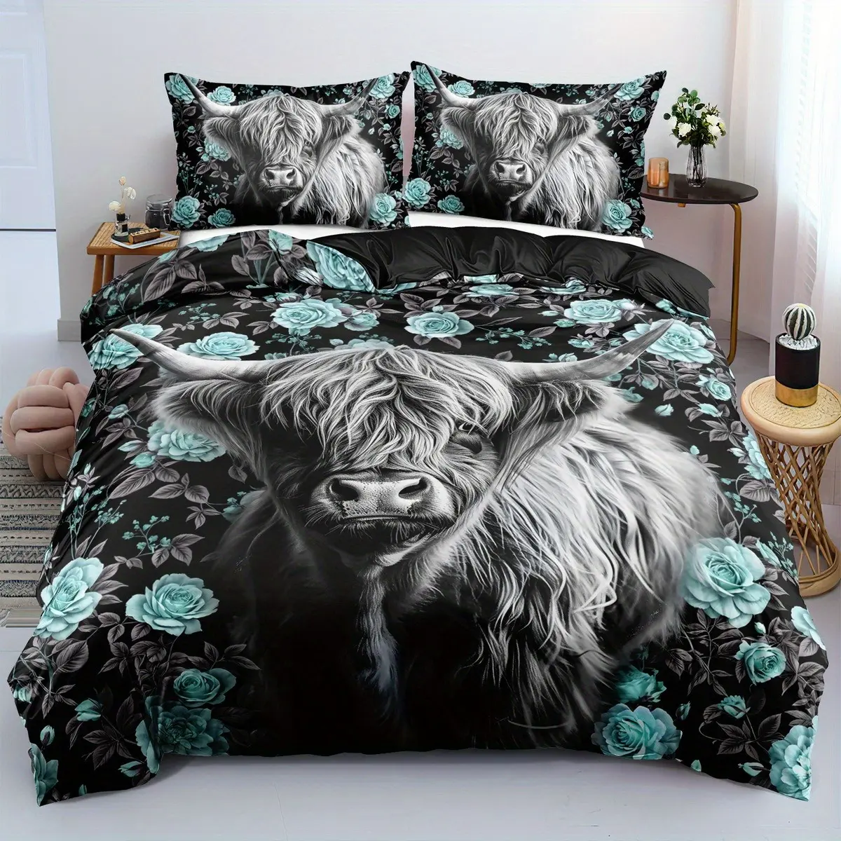 2D Print Cow Pattern, 100% Polyester Soft Breathable Fabric, Comfy Bed Sets, All Seasons, Decorative Bedsheet Sets, Polyester Bedding Set, Includes 1 Fitted Sheet + 2 Pillowcases