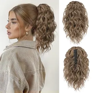 Ponytail Extension, 12" Short Claw Ponytail Extension Wavy Curly Jaw Clip in Pony tails Hairpiece  Synthetic Hairpiece for Women (Brown Ash Blonde)