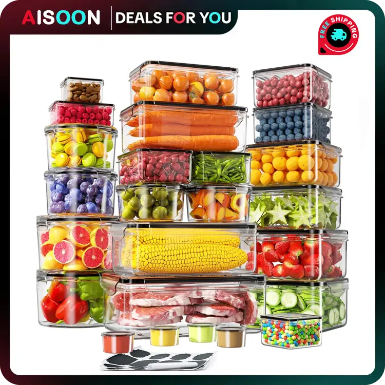 AISOON 50 PCS Reusable Stackable Kitchen Food Storage Containers Set - Airtight Canister Food Storage, 85oz Large Square & Round BPA-Free Polypropylene, Anti-Leak Freezer-to-Microwave, Leakproof Seal Keeps Pantry Tidy, Washable, Labels & Marker Organizer