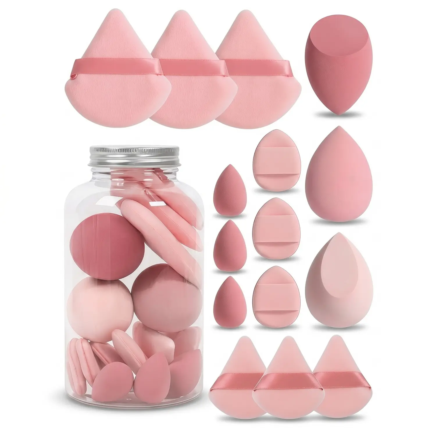 14-Piece Makeup Blending Kit, Cosmetics Makeup Tools, Makeup Sponges Beauty Blenders Teardrop Beauty Sponge Triangle Face Puff Wedge Contour Sponge Foundation Blender Dual Wet Dry Use with Clear Storage Container for Women