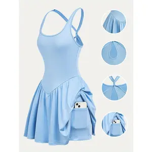 Women'S Beautiful Back Casual Sports Dress, Anti-Exposure Base Outdoor Running Fitness Tennis Skirt, Yoga Dress