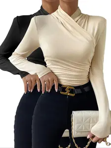 Women's Plain Ruched Wrap Mock Neck Tee, Casual Long Sleeve T-Shirt for Spring & Fall, Ladies Clothes for Daily Wear