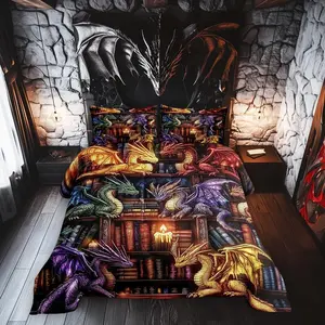 Colorful Dragon Bedding Set,Western Magical Wildlife Comforter Set for Kids Teens Room Decor Fantasy Fairy Tale Theme Duvet Insert Vintage Books Print Down Comforter Set