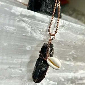 Raw Black Semiprecious Stone Necklace, Cowrie Accent on Pure Copper Ball Chain Jewelry